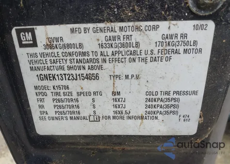 2003 Chevrolet Tahoe Ls from USA, damaged, VIN 1GNEK13T23J154856